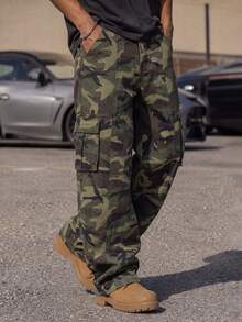 Men's Split Panel Camouflage Multi-Pocket Cargo Pants, Outdoor Functional Streetwear Retro Loose Straight Leg - Army Green - View 1