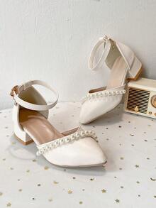 3-12 Years Old Girls Hollow Closed Toe Sandals Pearl Chunky High Heel Shoes For Hosting Runway Performance Princess Leather Shoes - Beige - View 3