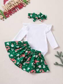 Autumn/Winter Baby Girl Holiday Outfit, Christmas Element Cartoon Print Pattern Flutter Sleeve Romper, Christmas Style Skirt, Hair Accessory 3-Piece Set, Infant Party Dress - White - View 3