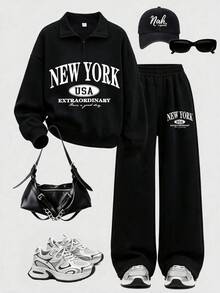 Teen Girls Casual Versatile Letter Print Half-Zip Sweatshirt & Wide Leg Pants 2-Piece Set, Autumn/Winter Outfit, Campus Style, Homecoming Look - Black - View 1