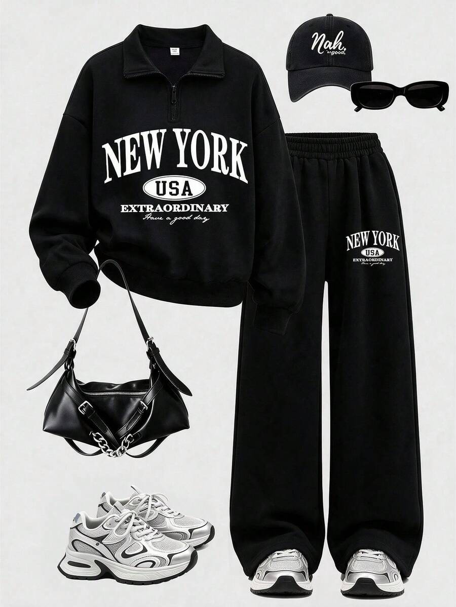 Teen Girls Casual Versatile Letter Print Half-Zip Sweatshirt & Wide Leg Pants 2-Piece Set, Autumn/Winter Outfit, Campus Style, Homecoming Look - Black - View 1