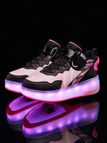 BLSART 1 Pair Kids 2-In-1 Four-Wheel LED Light-Up Roller Skates, USB Rechargeable Adjustable Outdoor Skates, Birthday Gift For Boys And Girls - Black and Pink - View 6