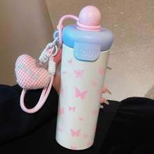 1PC 600ML Floral, Simple Butterfly, English Heart Pattern Stainless Steel Cup, Double-Use Coffee Cup, Portable Straw Cup, Lanyard Cup, Suitable For Office, School, Gift For Holidays/Birthdays, Coffee, Milk, Tea - Multicolor - View 2