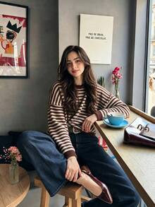 MORI Autumn/Winter Chocolate Striped Knit Crew Neck Long Sleeve Loose Fit Pullover Sweater For Women, Suitable For Coffee Dates And Travel - Coffee - View 6