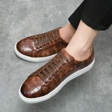 Men's Lace-Up Brown Crocodile Embossed Leather Sneakers With Clean Toe Shape, Well-Fitted Laces, Reinforced Perforations, Non-Slip Sole, Even Stitching, Suitable For Suits, Weddings, Banquets, Casual Wear - Brown - View 8