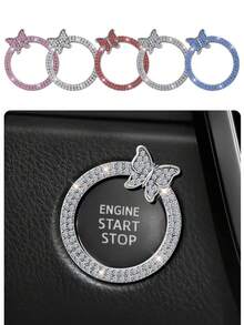 1pc One-Touch Start Button Decorative Ring, Handmade Rhinestone Inlaid, Butterfly Crystal Glass Faux Diamond Ring, Pink/Royal Blue - Multicolor - View 2