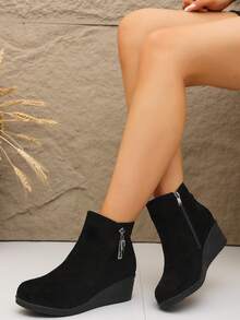 Women's Autumn/Winter Wedge Ankle Boots With Rhinestone Pendant, Side Zipper, Round Toe, Soft Sole, Comfortable Height-Increasing Ankle Boots - Black - View 1