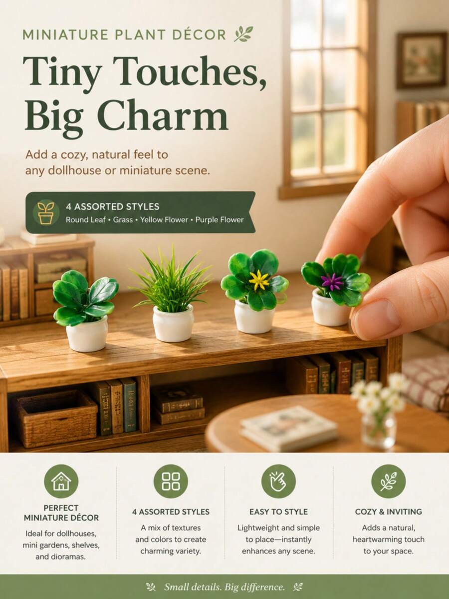 4件/1套迷你人造盆栽植物,樹脂盆景仿真綠植配方形花盆,3.5cm迷你植物裝飾品,適用於辦公桌、居家裝飾、床頭櫃、層架、宿舍、客廳及小空間裝飾 - 多色 - 查看 1