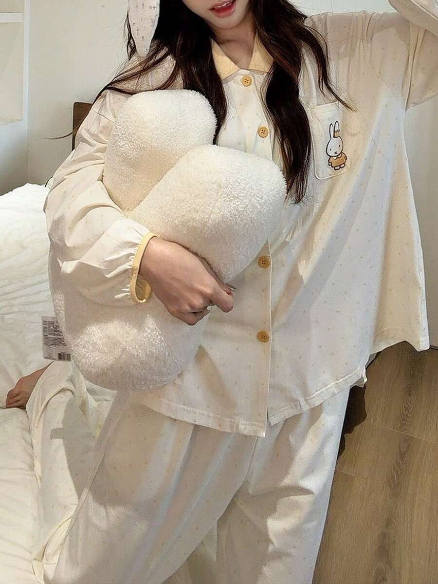 Gongdie 2pcs Miffy Women Pajama Set, Autumn White Polka Dot Soft Modal Cotton Loungewear, Contrast Collar And Pocket Design - Beige - View 1