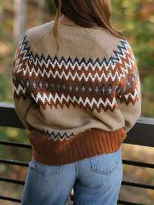 Acelitt Autumn/Winter Vintage Fair Isle Geometric Jacquard Round Neck Raglan Sleeve Loose Long Sleeve Knit Sweater, Suitable For Daily, Holiday, Outdoor Wear - Khaki - View 2