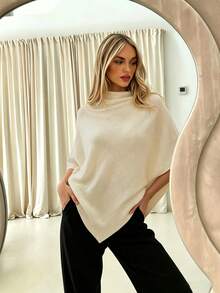 Women's Solid Color Loose Elegant Fashion Sweater Shawl, Autumn/Winter Medium-Thick Knit Shawl, Versatile Fashion Accessory - Apricot - View 5