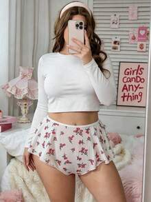 Celana Dalam Wanita Ukuran Besar Motif Bunga dengan Hiasan Ruffle, Desain Rok Jala yang Lucu, Lembut dan Bernapas, Cocok untuk Dipakai di Rumah, Kamar Tidur, Hari Valentine, dan Perayaan Ulang Tahun - Putih - View 2