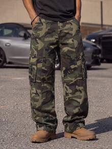 Men's Split Panel Camouflage Multi-Pocket Cargo Pants, Outdoor Functional Streetwear Retro Loose Straight Leg - Army Green - View 5