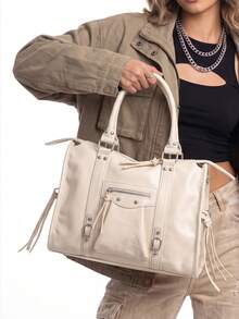 Large Capacity Beige Patchwork PU Shoulder Tote Bag With Zipper Detail, Rivets, Tassels, Drawstring Closure And Body Wrap Buckle, Suitable For Daily Commute And Office - Beige - View 5