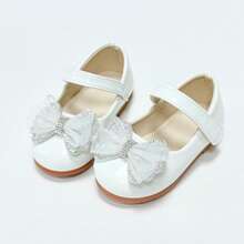 Girls' Glossy Patent Leather Mary Jane Shoes With Rhinestone Mesh Bow, Soft Sole Princess Dress Shoes For Wedding And Party - White - View 5