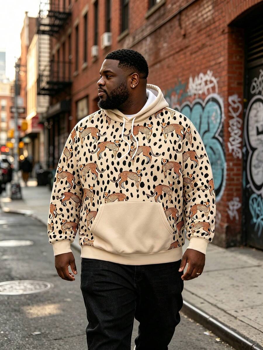 Plus Size Men's All-Over Leopard Animal Print Hoodie, Contrast Color Kangaroo Pocket, Drawstring Loose Streetwear Pullover - Multicolor - View 1