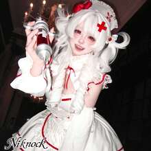 コスプレ衣装 ナース メイド服 3 点セット トップス パフスカート アームカバー 白地 赤ライン ストライプ柄 レース装飾 キュート ゴスロリ ハロウィン イベント コミケ 仮装 コスチューム レディース 可愛い 甘め フリル付き パーティー 変装 撮影用 - ホワイト - チェックする 7