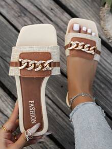 Women's Flat Square Toe Sandals, Chain & Rhinestone Decor, Lightweight & Comfortable, Mix-And-Match , Slip-On Casual, Suitable For Home, Spring/Summer Outdoor, Leisure Country Style, Street Fashion Beach Slippers - Beige - View 2