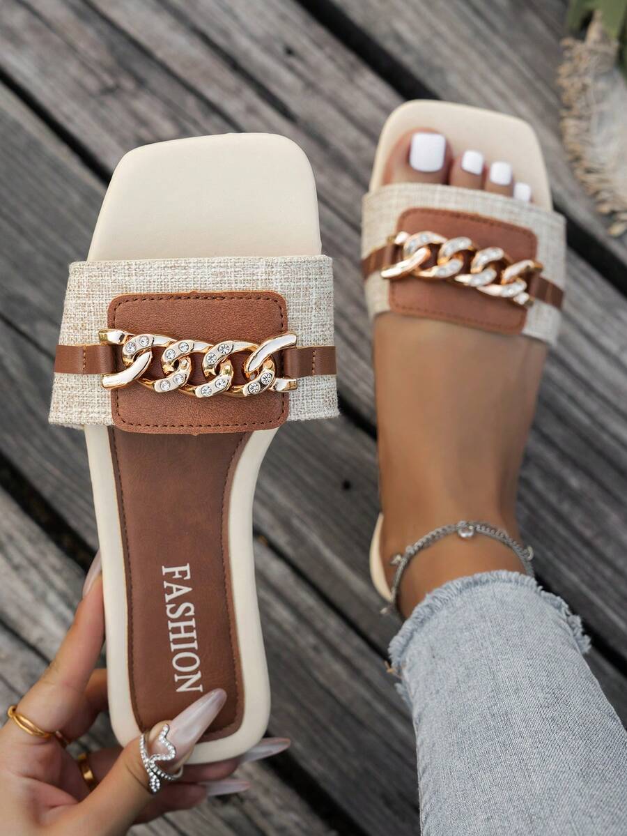 Women's Flat Square Toe Sandals, Chain & Rhinestone Decor, Lightweight & Comfortable, Mix-And-Match , Slip-On Casual, Suitable For Home, Spring/Summer Outdoor, Leisure Country Style, Street Fashion Beach Slippers