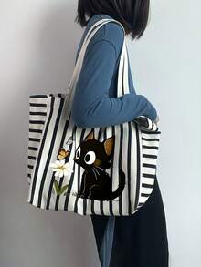 Set Tas Tote Kanvas Bergaris Motif Kucing Hitam Lucu dan Kupu-kupu Daisy dengan Dompet Kecil, Tas Bahu Kapasitas Besar untuk Wanita, Cocok untuk Perjalanan Sehari-hari dan Sekolah. - MultiWarna - View 3