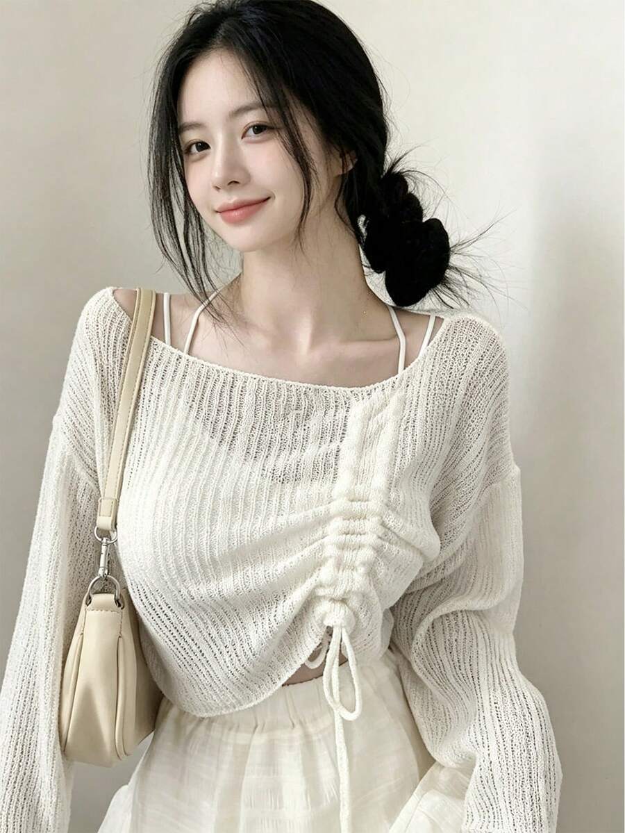 YCYC Women's Korean Style Gentle Design Drawstring Soft Knit Top - Beige - View 1