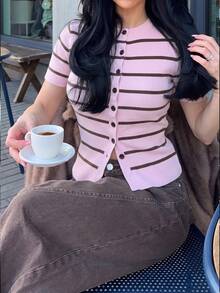 Women's Pink Striped Short Sleeve Cardigan Sweater With Buttons, Preppy Style Spring Knit Top - Pink - View 2