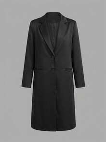 Women's Black Long Blazer Coat, Classic Notch Lapel Single-Breasted Design, Draping Structured Fabric, Loose Drop Shoulder Fit, Commuter Style Mid-Length Blazer Jacket, Early Autumn Slimming Top - Black - View 8