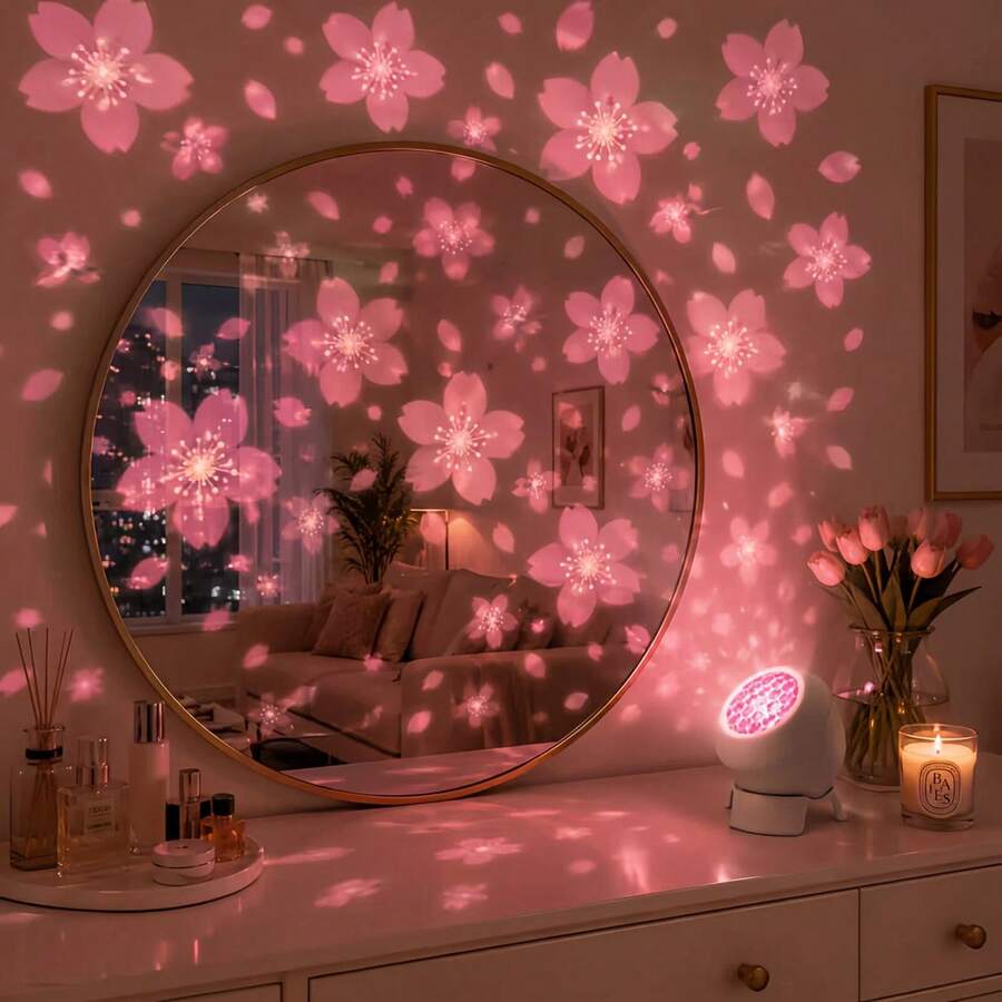 Cherry Blossom Projection Lamp 3 Pieces Set (Projection Lamp + Base + USB Cable), 360° Adjustable, Projects Dynamic Spring Cherry Blossoms, Suitable For Bedroom, Party, Christmas, Halloween, Birthday Gift - White - View 1