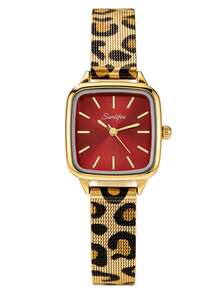 SUNLIFEX 1pc Ladies' Square Retro Elegant Quartz Watch,Gold Alloy Case,Simple White/Red Dial,Leopard Print Metal Mesh Strap,Suitable For Daily Wear&Gift Giving - Red - View 6