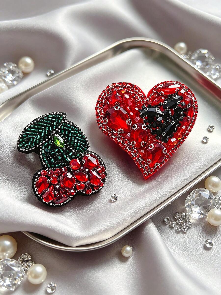 1pc Elegant Fashion Handmade Rhinestone Beaded Heart Cherry Brooch, Suitable For Suit, Coat, Denim Jacket, Sweater And More - Multicolor - View 1