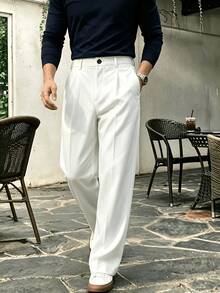 Men's Solid Color Double Pleated Wide Leg Casual Suit Pants, Elastic Waist Draped Straight Leg Trousers, Suitable For Weekend Business Travel, Commuting, Dating And Outdoor Activities - White - View 6