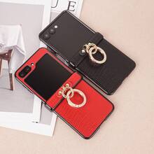 CHOKBODY Fashionable Luxurious Minimalist Lizard Pattern Faux Leather, With Hinge Protection, With Artificial Diamond Plated Ring Buckle Folding Phone Case, Compatible With Samsung Galaxy Z Flip 8, 7, 7FE, 6 Folding Phone Protective Cover - White - View 4