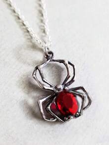 rundraw 1pc Gothic Vintage Metal Spider Design Red Crystal Pendant Necklace, Unisex For Party Gift - Black - View 5