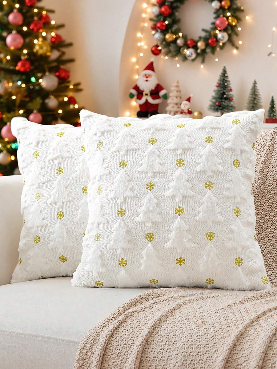 聖誕樹雪花枕套 冬季刺繡聖誕樹裝飾抱枕套 柔軟毛絨仿皮草靠墊套 聖誕沙發家居裝飾 - 白色 - 查看 1