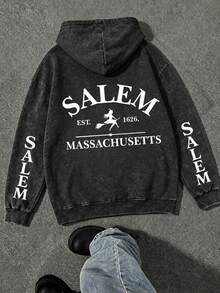 Witch Letter Print Plus Size Women's Casual Autumn/Winter Long Sleeve Pocket Hooded Sweatshirt Black Distressed Washed Sweatshirt, Suitable For Halloween Outfit - Black - View 2