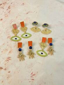 ZAA Mixed‑Style Evil Eye Hamsa Hand Dangle Earrings, Vintage Sculpted Gold Drop Earrings, Boho Colorful Enamel Statement Jewelry For Women - Evil Eye - View 10