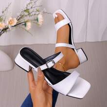 Women's White Square Toe Chunky Heel Sandals, Metal Buckle Decor, Comfortable Versatile Mid-Heel Sandals For Commute, Date, Outing - White - View 2