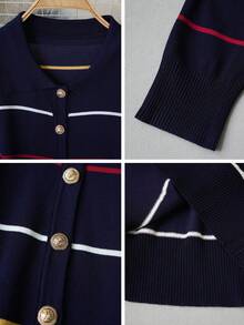 2026 Autumn Navy Blue Striped Polo Collar Knit Cardigan, Single-Breasted Metal Buttons, Slim Fit Short Length, Versatile For Commute And Daily Wear, Can Be Worn Alone Or Layered, Full Of Atmosphere - Navy Blue - View 10