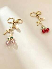 Cherry Pearl Anka Cross Keychain, Niche Exquisite Bag Charm, Portable Accessory, French Cherry Pendant Key Chain, Faux Pearl Cross Pendant, Girl's Backpack Decoration - Cherry Pearl Cross - View 6