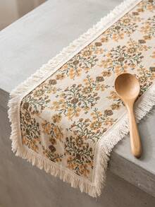1pc Golden Sunflower Pattern Table Runner, Vintage Country Style Woven Fabric, Long Rectangular Shape With White Tassel Edge Detail, Decorative Functional Table Runner For Autumn Dining Table Decor And Country Home Decor - Yellow - View 2