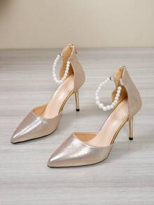 Women's Stiletto High Heel Pumps With Pearl Ankle Strap, Pointed Toe Hollow Design, Evening Party Wedding Dress Shoes - Champagne - View 17