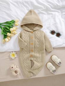 Autumn/Winter New Baby Infant Comfortable Soft Knitted Jumpsuit, Solid Color Hooded Design With Drawstring Detail, Casual Minimalist Jumpsuit, Warm And Fashionable For Daily Outings, Sweater Crawler Outfit Caring For Baby's Every Inch Of Skin - Khaki - View 2
