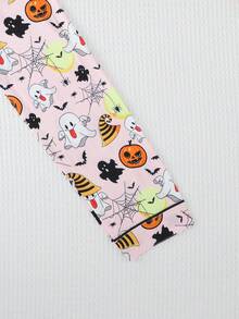 2pcs/Set Girls Casual Ghost Pumpkin Print Lapel Long Sleeve Cardigan And Pants Pajama Set Flame Retardant Halloween All Seasons - Dusty Pink - View 6