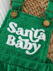 Baby Girl Christmas Tree Embroidered Ribbed Long Sleeve Top & Chunky Knit Suspender Dress 2pcs Set, Soft Skin-Friendly Sweet Party Outfit For Autumn/Winter - Green - View 7