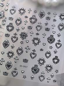 1sheet Silver Baroque Heart Border Nail Art Stickers Dark Crown Heart Small Cross 5D Nail Decals Retro Court Style Love Manicure Sliders - Multicolor - View 6