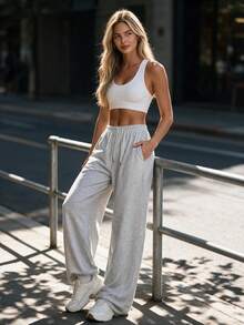 Hotalk Simple Sporty And Casual Straight-Leg Pants, Versatile Stretch Waist Drawstring Wide-Leg Casual Pants, Suitable For Casual Outdoor Sports. - Grey - View 6