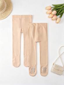 2pcs Children's Simple Versatile Brushed Skin-Tone Tight Base Layer Tights, Girls' Dance Socks, Girls' Winter Warm Skin-Tone Base Layer Tights, Suitable For School Uniform And JK Daily Wear - Apricot - View 5