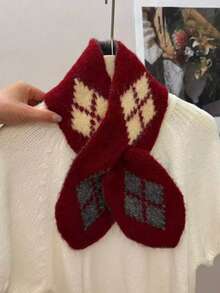 1PC Women's Casual Retro Colorblock Diamond Pattern Knitted Scarf, Versatile Warm Neck Warmer - Multicolor - View 5