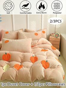 2/3-teiliges Bettbezug-Set aus khakifarbenem Milchsamt mit besticktem Kürbismuster, niedliches und einzigartiges strukturiertes Bettwäsche-Set für Herbst/Winter, Halloween-Deko-Bettbezug, warm und bequem, maschinenwaschbar, Thanksgiving-Geschenk, Queen, King (1 Bettbezug + 1/2 Kissenbezüge, ohne Füllung) - Khaki - Übersicht 2
