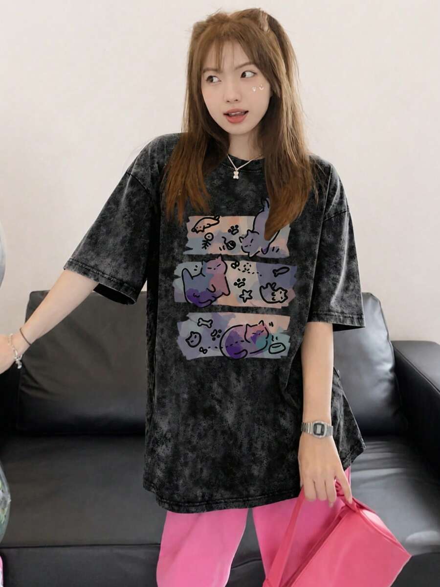 女士时尚夏季宽松圆领复古扎染卡通猫印花短袖T恤休闲黑色 - 黑色 - 查看 1